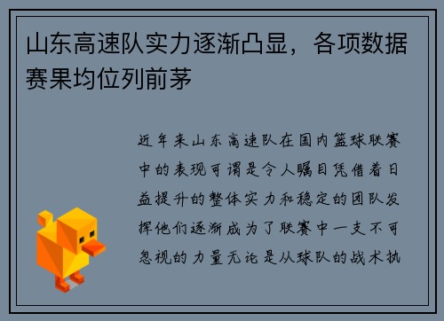 山东高速队实力逐渐凸显，各项数据赛果均位列前茅